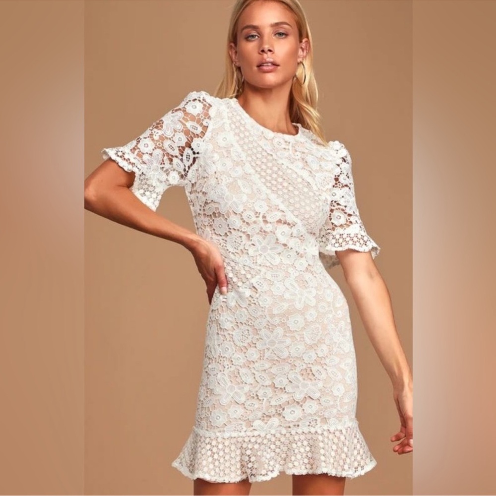 Lulus My Dearest White Lace Short Sleeve Mini Dress Ruffle Small
